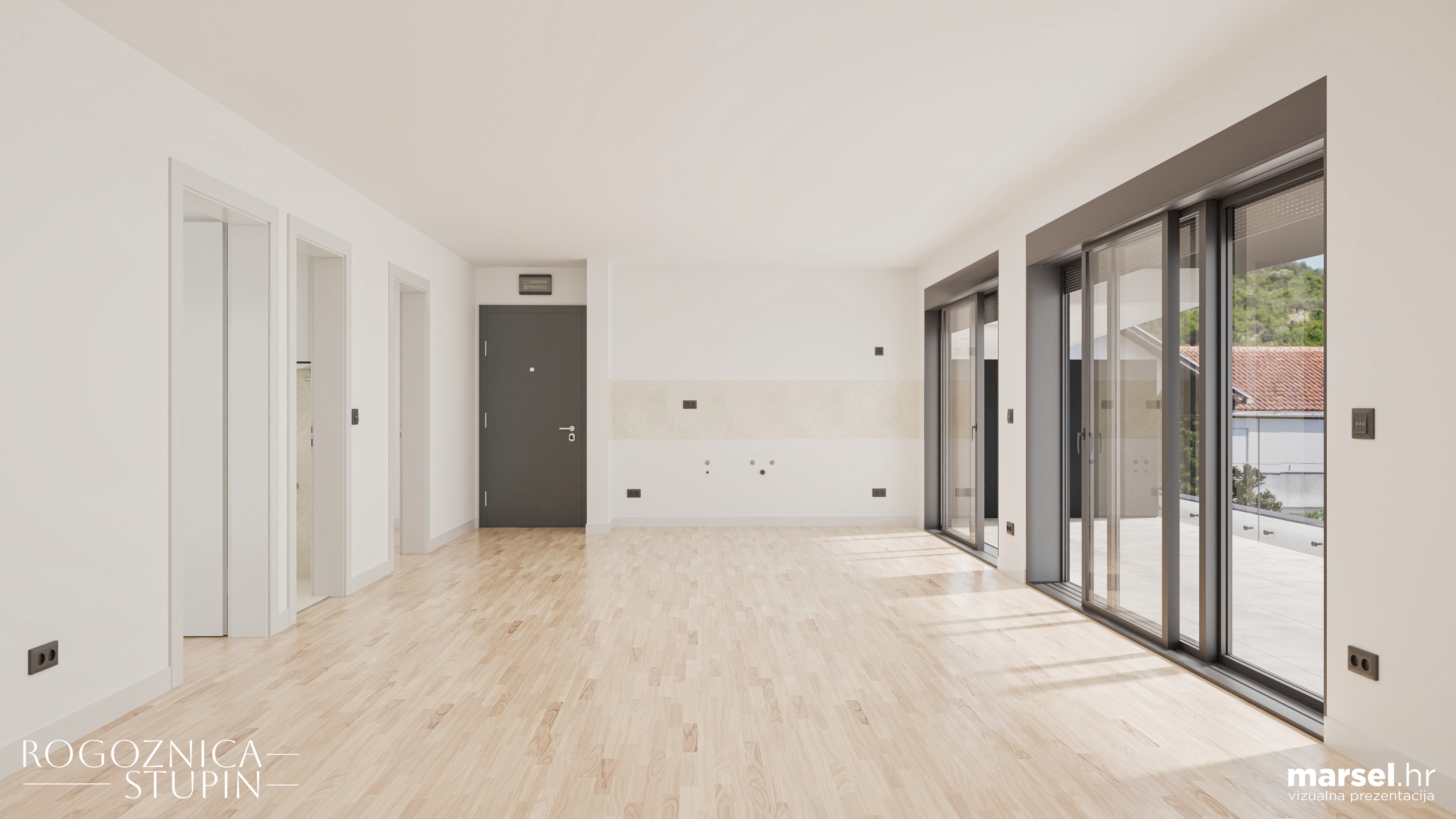 Vizualizacija interijera apartmana u novogradnji Rogoznica Stupin. Prostrani i svijetli unutarnji prostori s pogledom na more, idealni za stanovanje ili investiranje u apartman na dalmatinskoj obali.